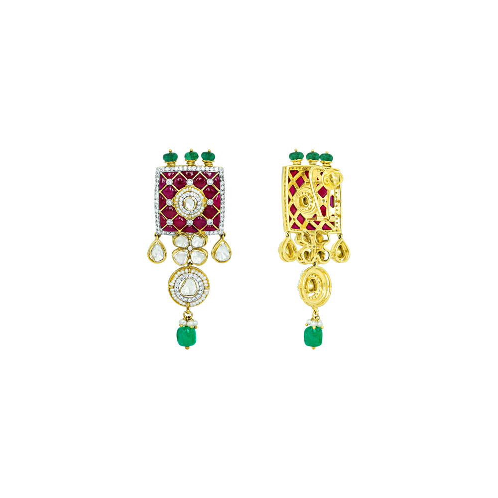 Ruby Talaf Earrings with Polki and Emerald Bead Drops